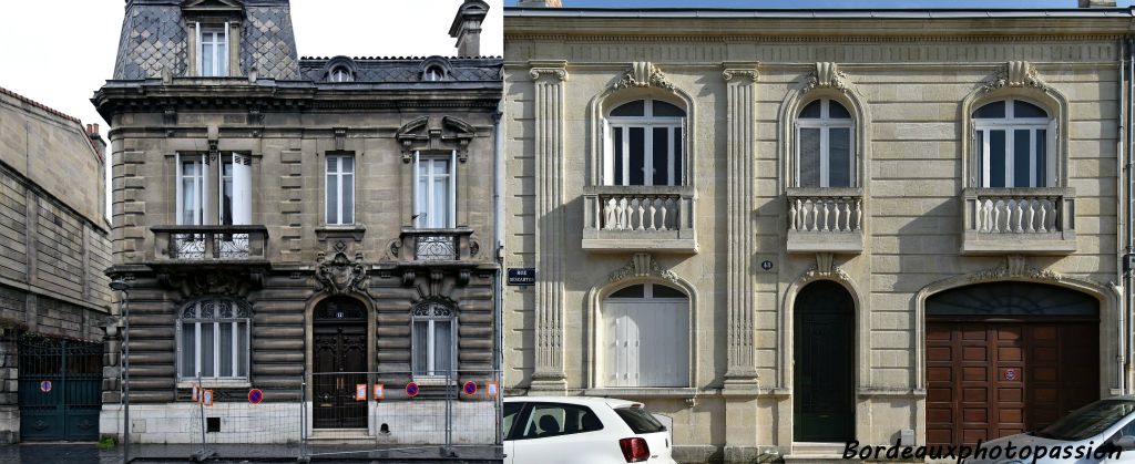 Entre ces 2 maisons ce sont 30 ans d’éclectisme. Avec au début des excès de relief pour aboutir à une façade harmonieuse en prenant en compte et le néo-classique et l’Art Déco.
