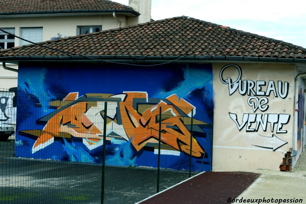 Cherchons l'entrée de ce bâtiment. On commence par un graff de Germain alias Meks, graffeur originaire de la Guadeloupe et  membre du collectif d’artistes bordelais 3GC.