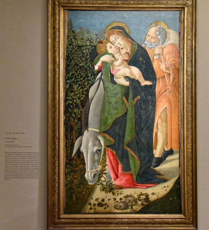 La fuite en Égypte par l'atelier de Botticelli. Il était très rare de peindre une œuvre dans un format vertical à cette époque.