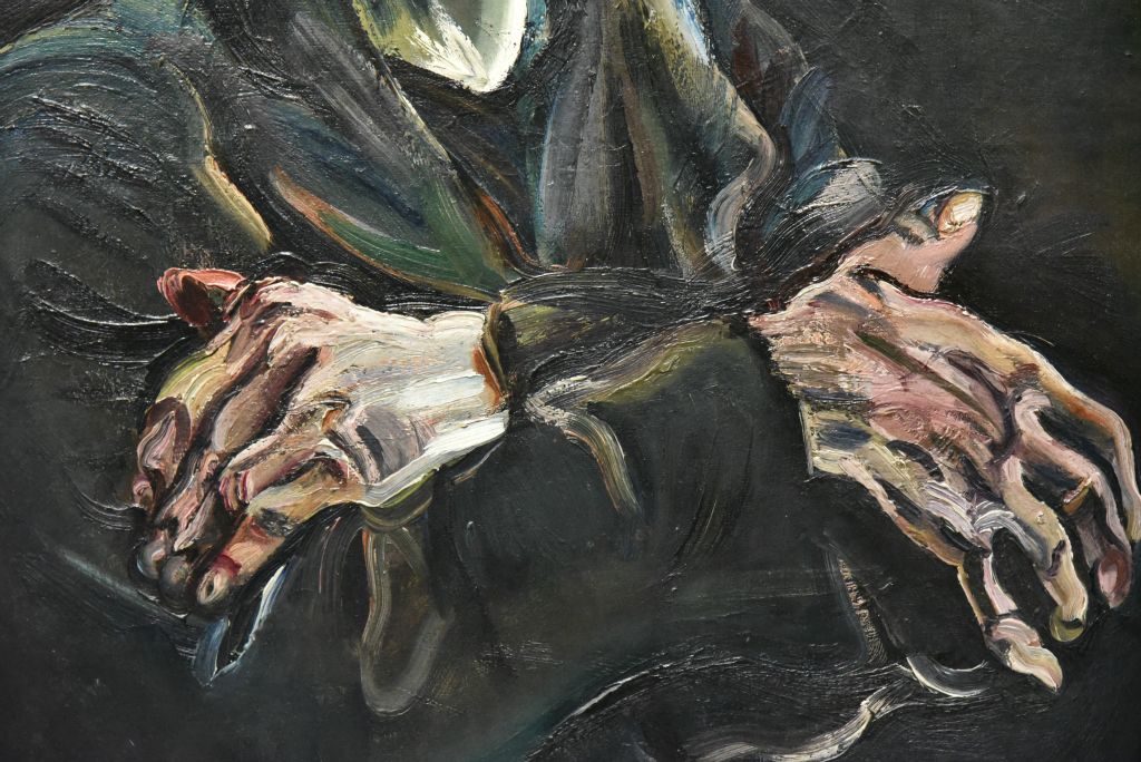 Kokoschka peint les mains de ses personnages surdimensionnées, difformes, des mains de géants. Ici les mains d'un prisonnier.