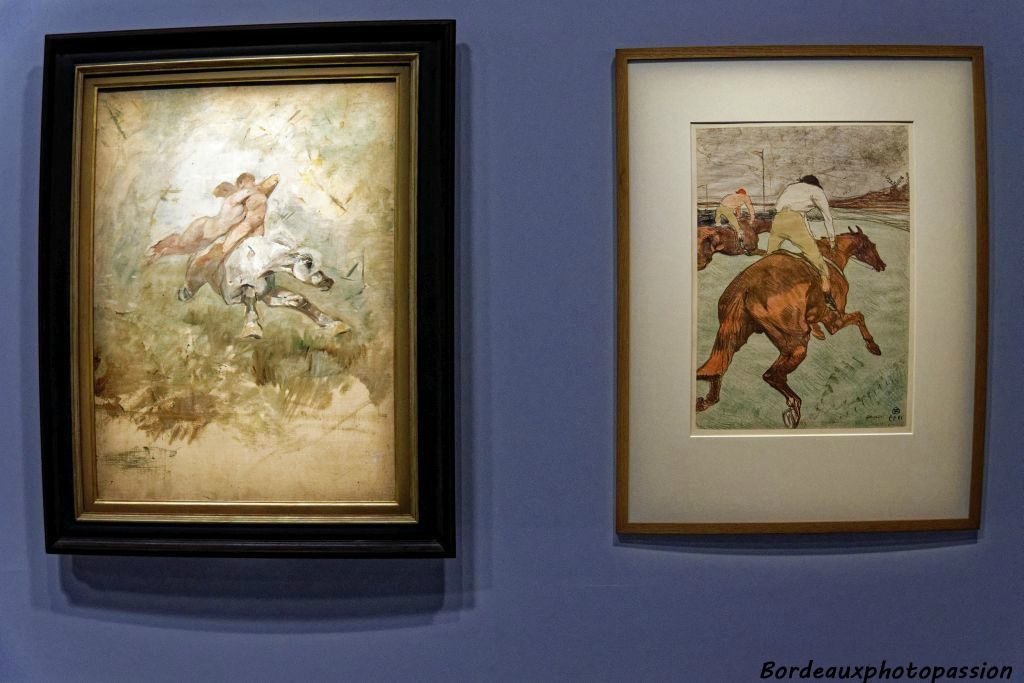 À gauche, Allégorie d'un enlèvement 1883 et à droite Le Jockey 1899, lithographie au crayon en cinq couleurs.