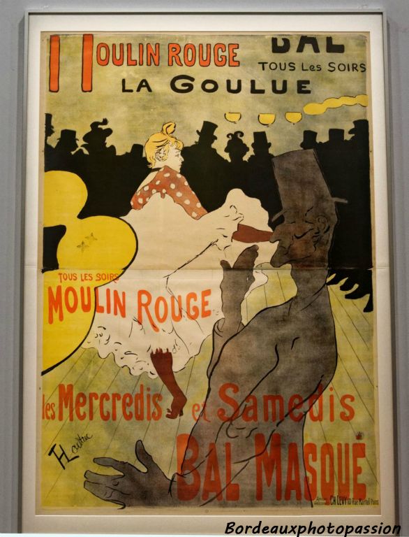 Les deux vedettes du Moulin Rouge encore représentés sur cette affiche qui fait office de réclame pour le bal quotidien où la Goulue fait son entrée.