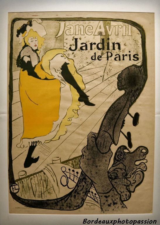 Autre artiste représentée par Lautrec Jane Avril danse le cancan sur la scène du Moulin Rouge mais aussi pour le Jardin de Paris.