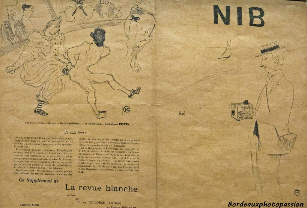 Peintre lettré, Lautrec se rapprocha de La Revue blanche fondée par les trois frères Natanson.  Sur le dessin, on y voit Footit bottant le clown Chocolat.