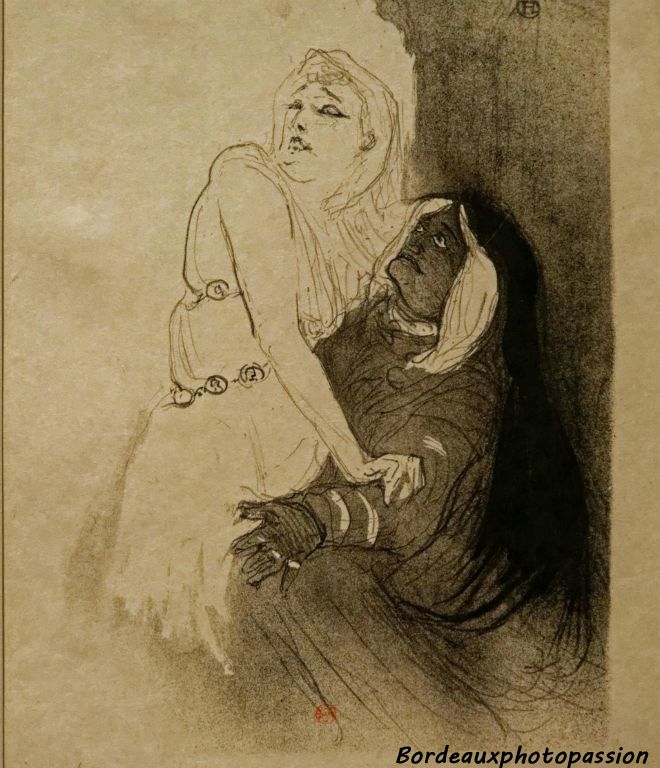 À la Renaissance : Sarah Bernhardt dans Phèdre lithographie au crayon, au pinceau et au crachis 1896