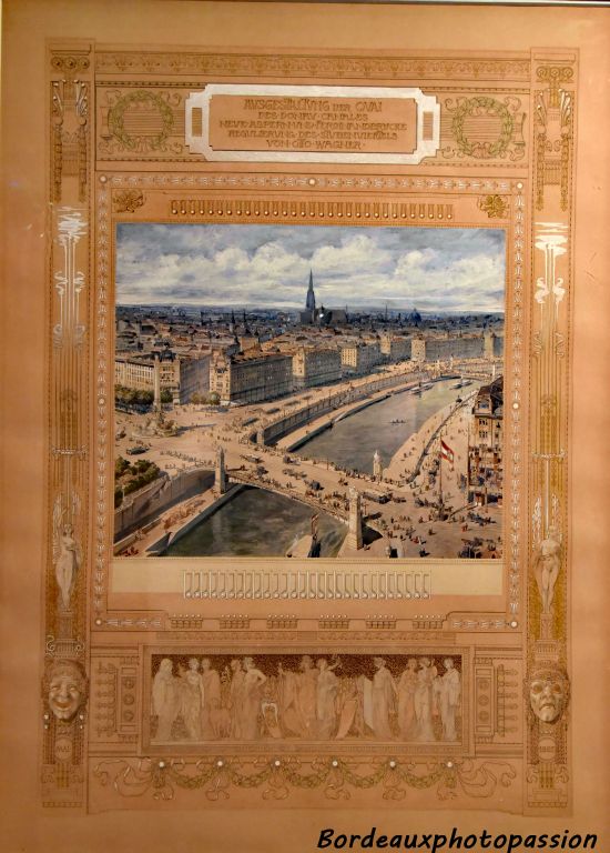 Planche de présentation du réaménagement du quai du canal du Danube et pont Ferdinand. Otto Wagner Vienne 1896-1899