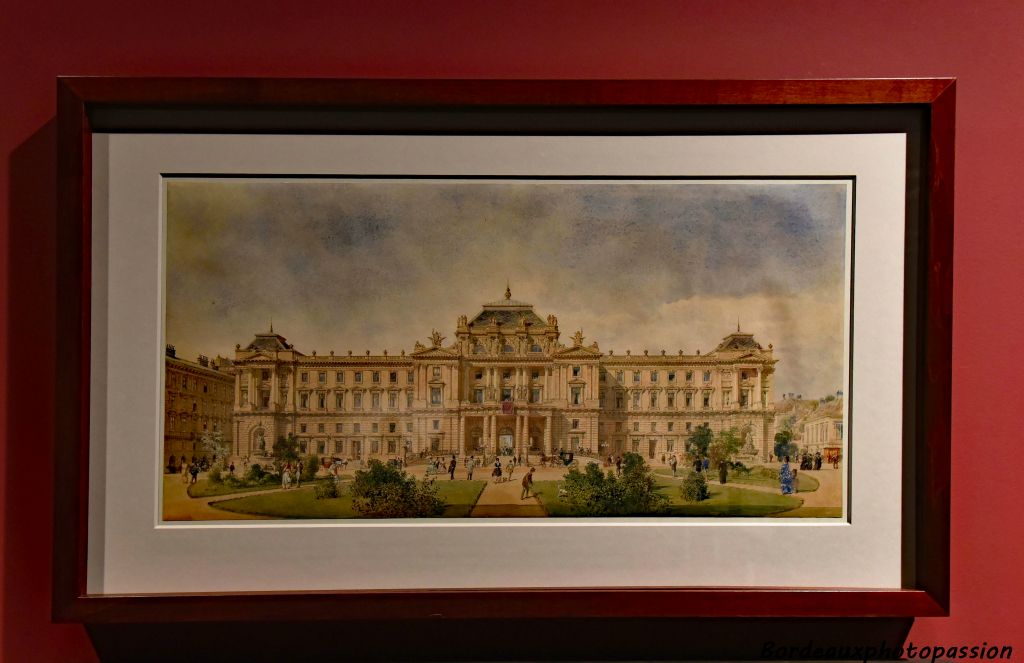 Palais de justice Vienne 1874. Projet de concours non réalisé. Wagner sait utiliser les différents répertoires historiques selon la fonction des bâtiments.