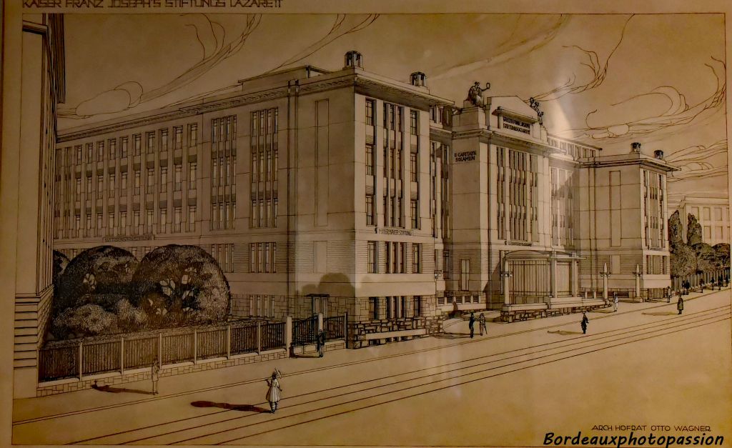 Pour cet hôpital Karl-Frantz-Josef  à Vienne 1914-1915 projet non réalisé, on note une modernité architecturale de la part d'Otto Wagner.