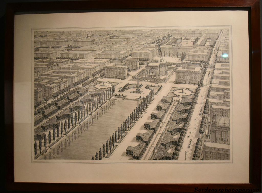 Amènagement idéal du XXIIe arrondissement de Vienne vue à vol d'oiseau. Otto Wagner 