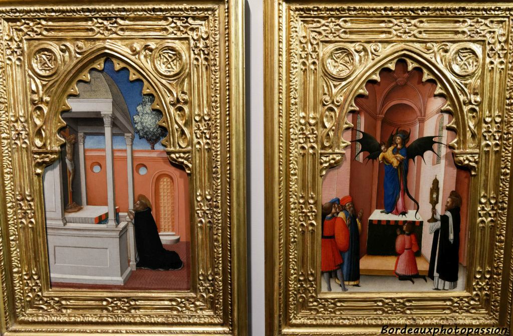 À gauche Antonio Vivarini  Saint Pierre martyr dialogant avec le crucifix, à droite Saint Pierre exorcisant un démon ayant pris les traits d'une Vierge à l'Enfant 