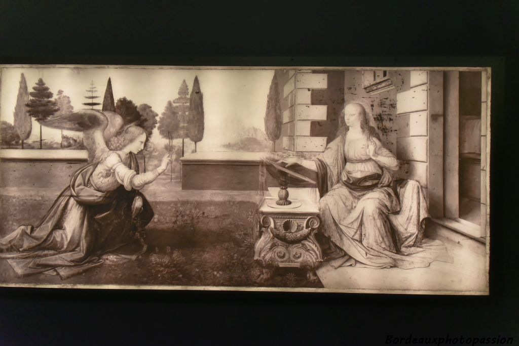 Réflectographie infrarouge de l'Annonciation de Léonard de Vinci. Premier tableau peint par Léonard au début des années 1470.