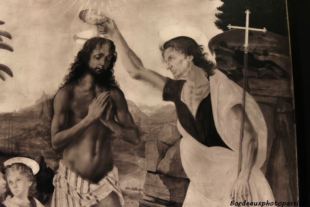 L'image révèle aussi les différences du modelé des personnages plus subtil sur le corps et le visage du Christ peints par Léonard.