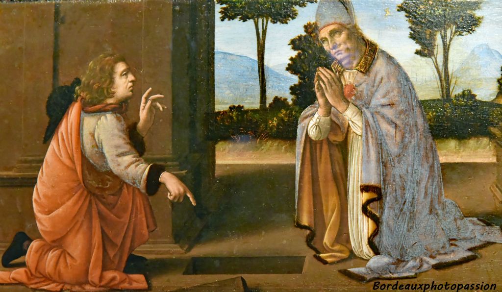 Attribué à un élève de Verrochio, Lorenzo di Credi Il s'agit du Miracle de saint Donat d'Arezzo une des deux parties inférieures d'un retable.