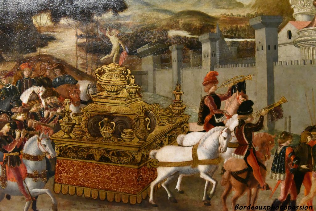 Peint à Florence pour la famille Mannelli dont les armes figurent sur le bouclier de l'un des putti qui ornent le char triomphal.