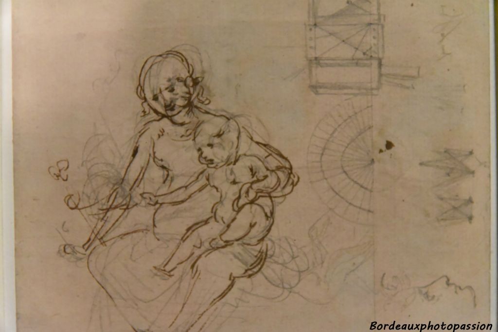 Léornard de Vinci Étude pour une Vierge à l'Enfant Profils et dessins géométriques
