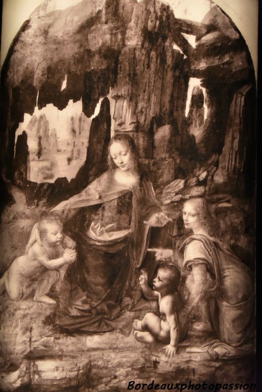 Réflexographie infrarouge de La Vierge à l'Enfant avec saint Jean Baptiste et un ange, dite Vierge aux rochers.